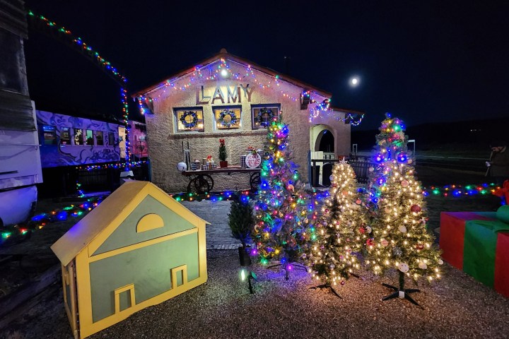 a christmas tree lit up at night