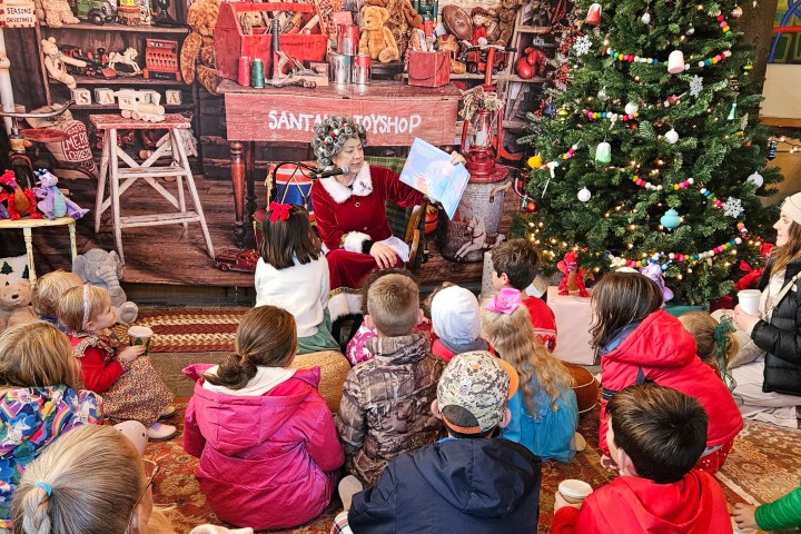 Person in Santa outfit reading to children in festive room with Christmas tree and toy shop backdrop.