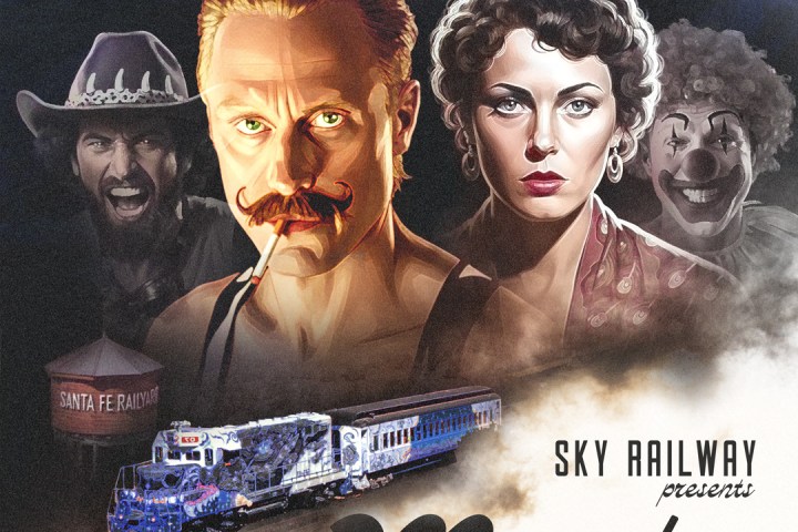 Illustrated poster of mystery train event with dramatic characters and a train at the bottom.