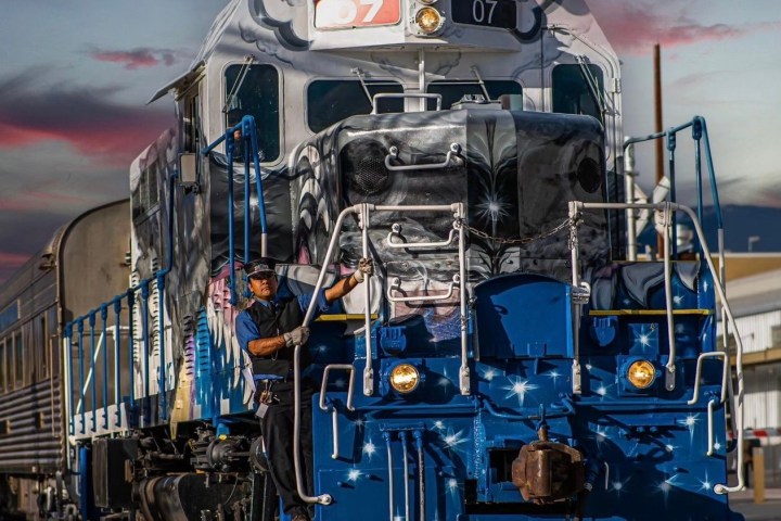 a train engine carrying carts down a track
