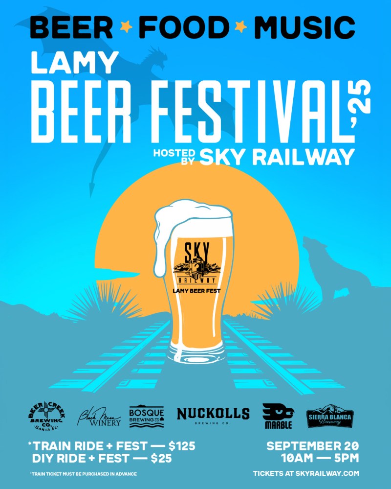 Lamy Beer Festival poster with train tracks, beer glass, and logos, set for September 20, 10 AM - 5 PM.
