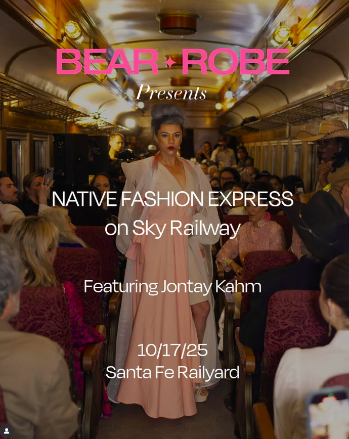 Fashion show on train with model in pink dress and audience watching, text overlay about event details.
