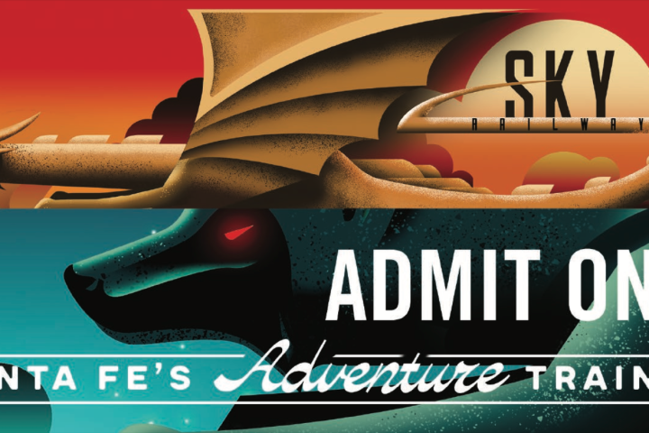 Stylized dragon, bear, 'Sky Railway ADMIT ONE Santa Fe's Adventure Train' text on colorful background.