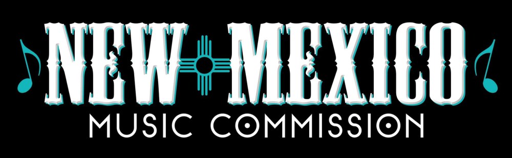 Logo of New Mexico Music Commission with musical notes and Zia symbol.